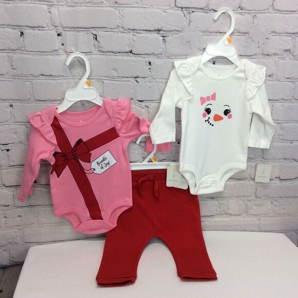 Lullaby Lane Girls 3 Piece Set 3-6 Months 2 Long Sleeve Tops 1 Pant Christmas - Picture 5 of 11